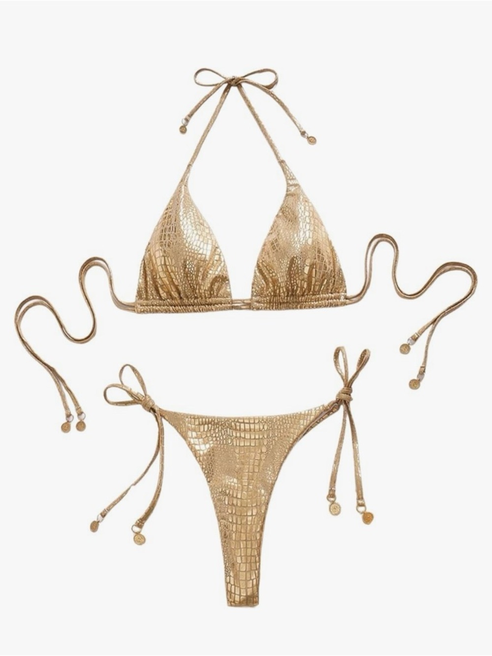 Metallic Gold Triangle String Bikini - Women Swim